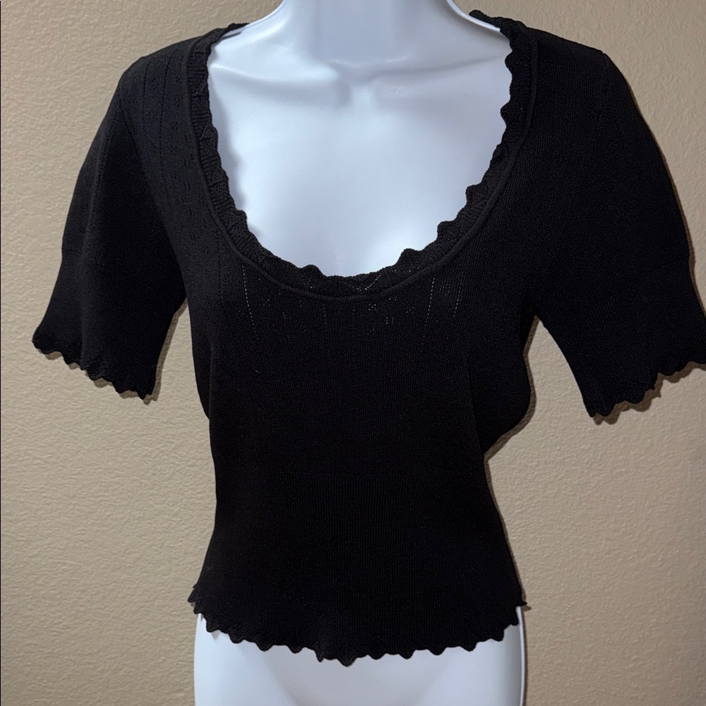 Zara Black Scoop Scalloped Pointelle Knit Sweater Top Women's Size Large